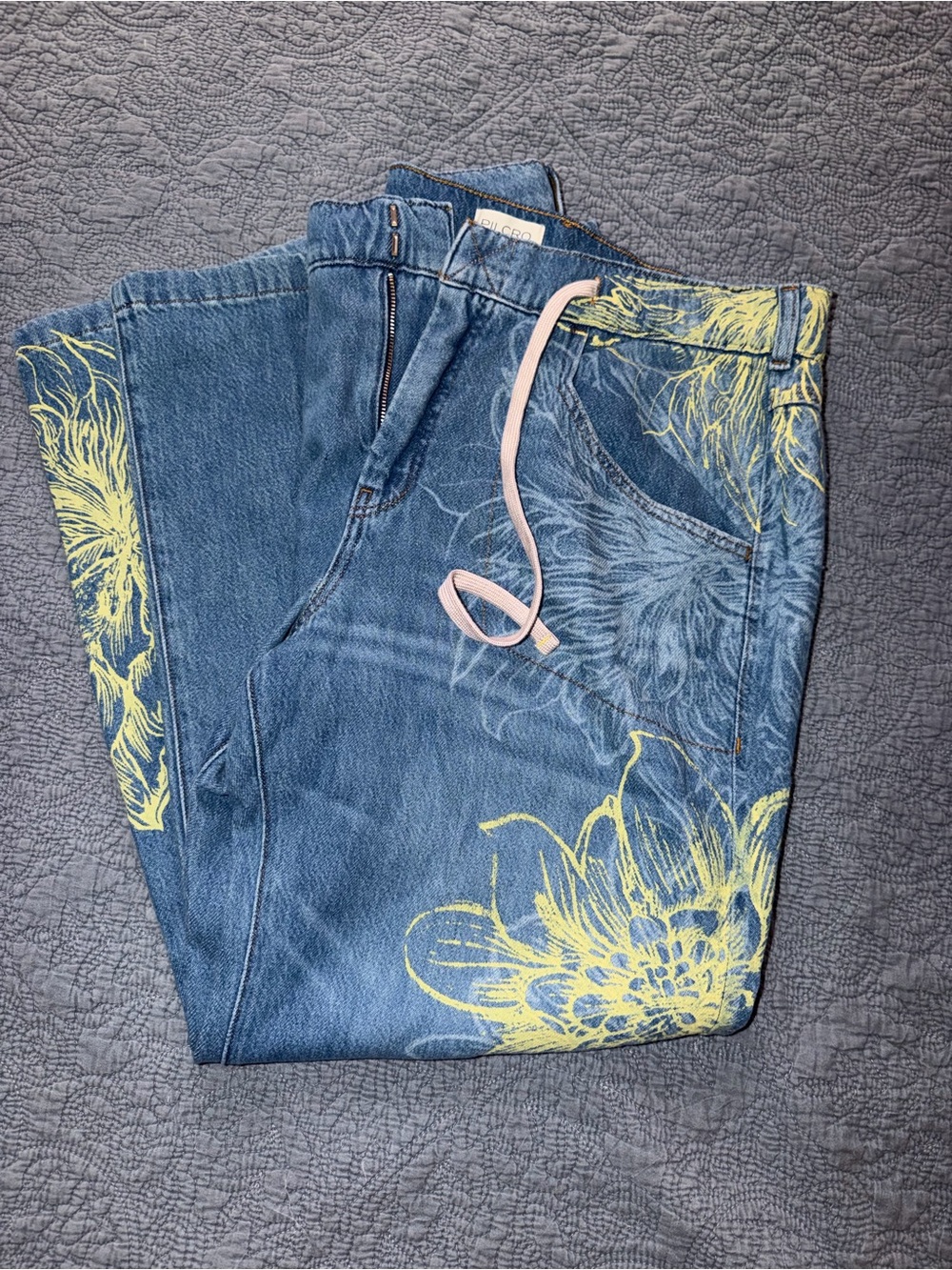 Anthropologie Pilcro Blue Denim Wide-Leg Jeans with Yellow Floral Print